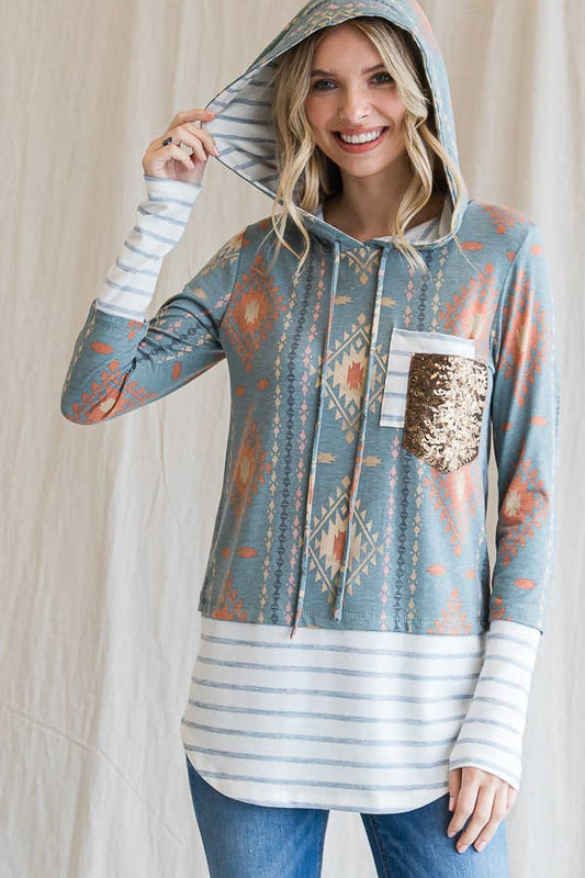 Aztec print and stripe hoodie