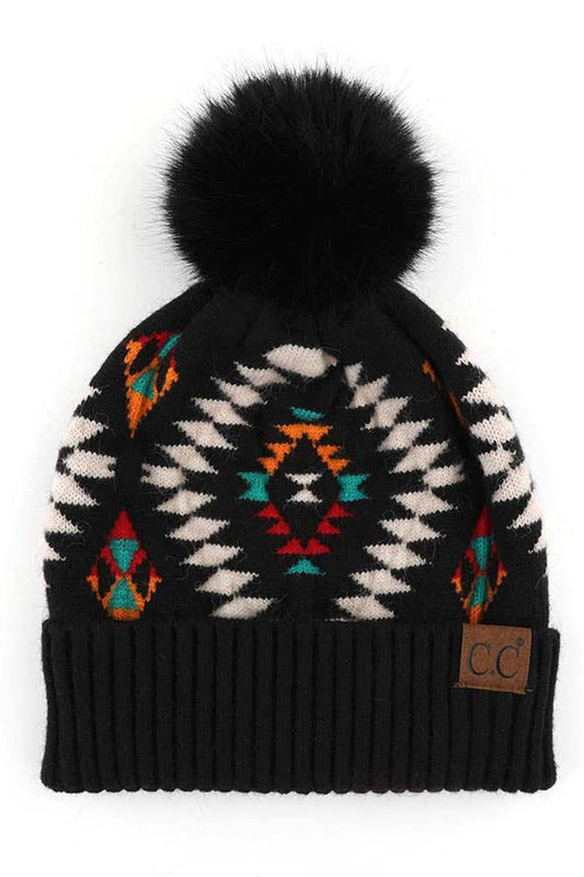 C.C Soft Aztec Pattern Beanie with Faux Fur Pom: Black