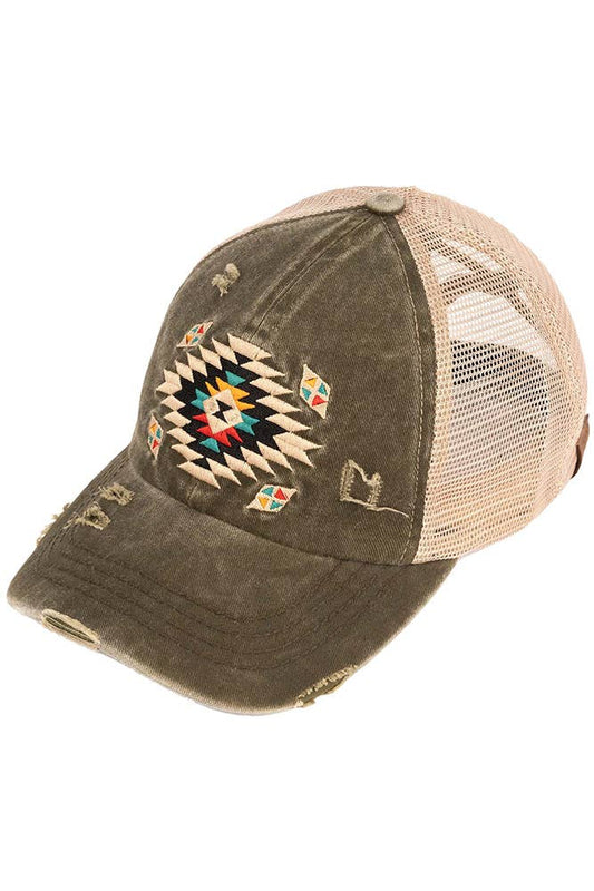 C.C Aztec Patch Distressed Criss-Cross Pony Cap
