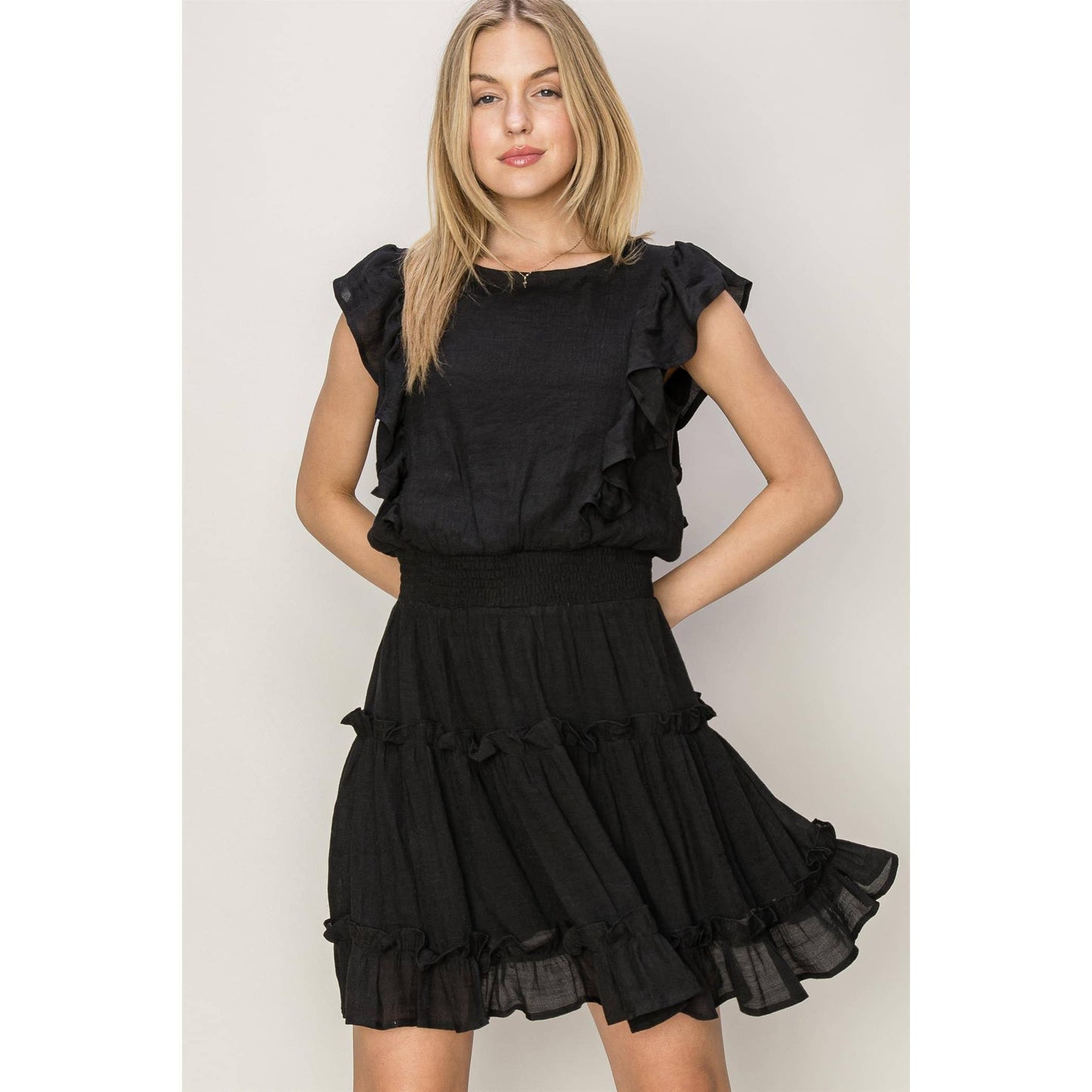 HF24A118-RUFFLED MINI DRESS: L / BLACK