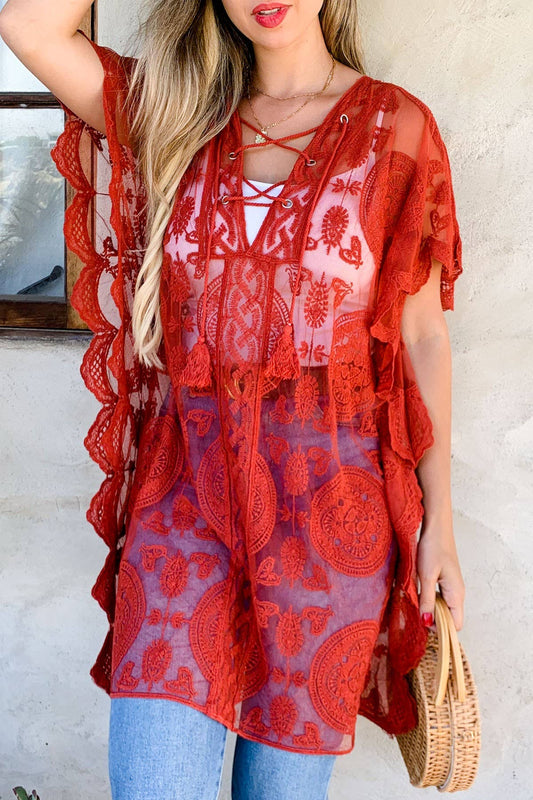 Floral Sheer Lace Poncho With Lace Up Detail Kimono Cover Up: Rust / One Size