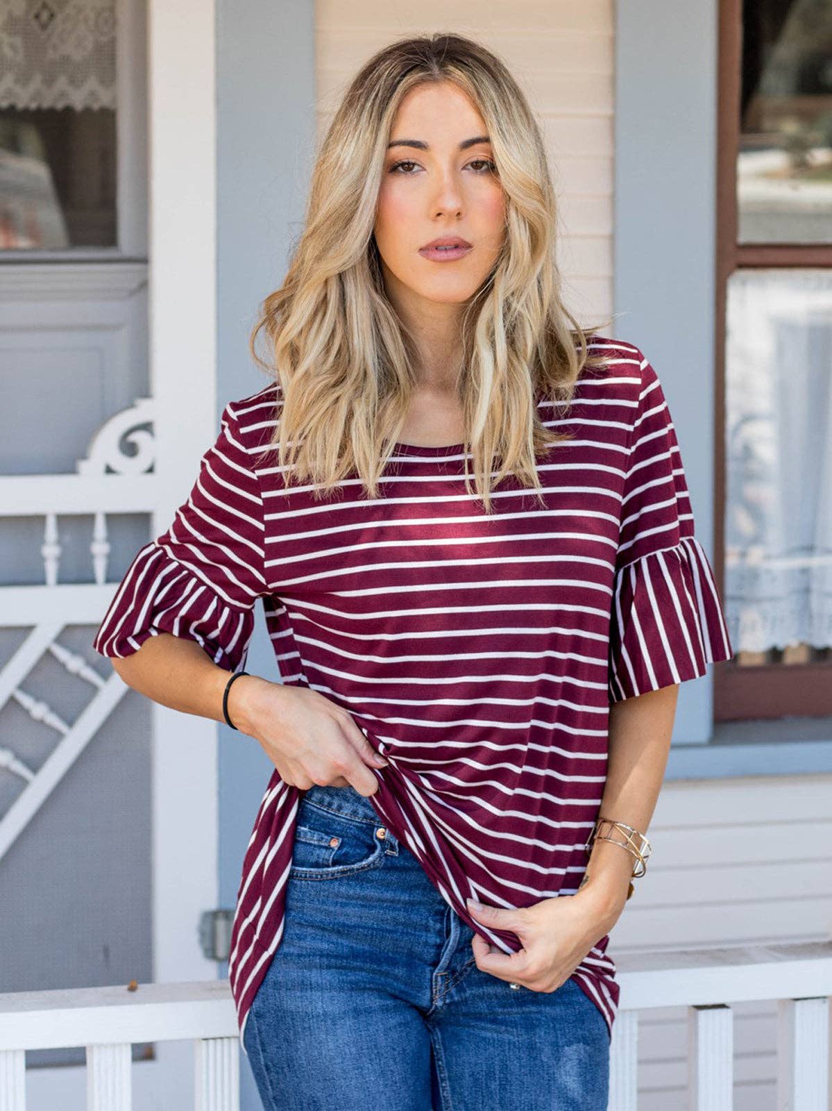 Payton Stripe Flare Sleeve Top | S-3X: Small / Burgundy