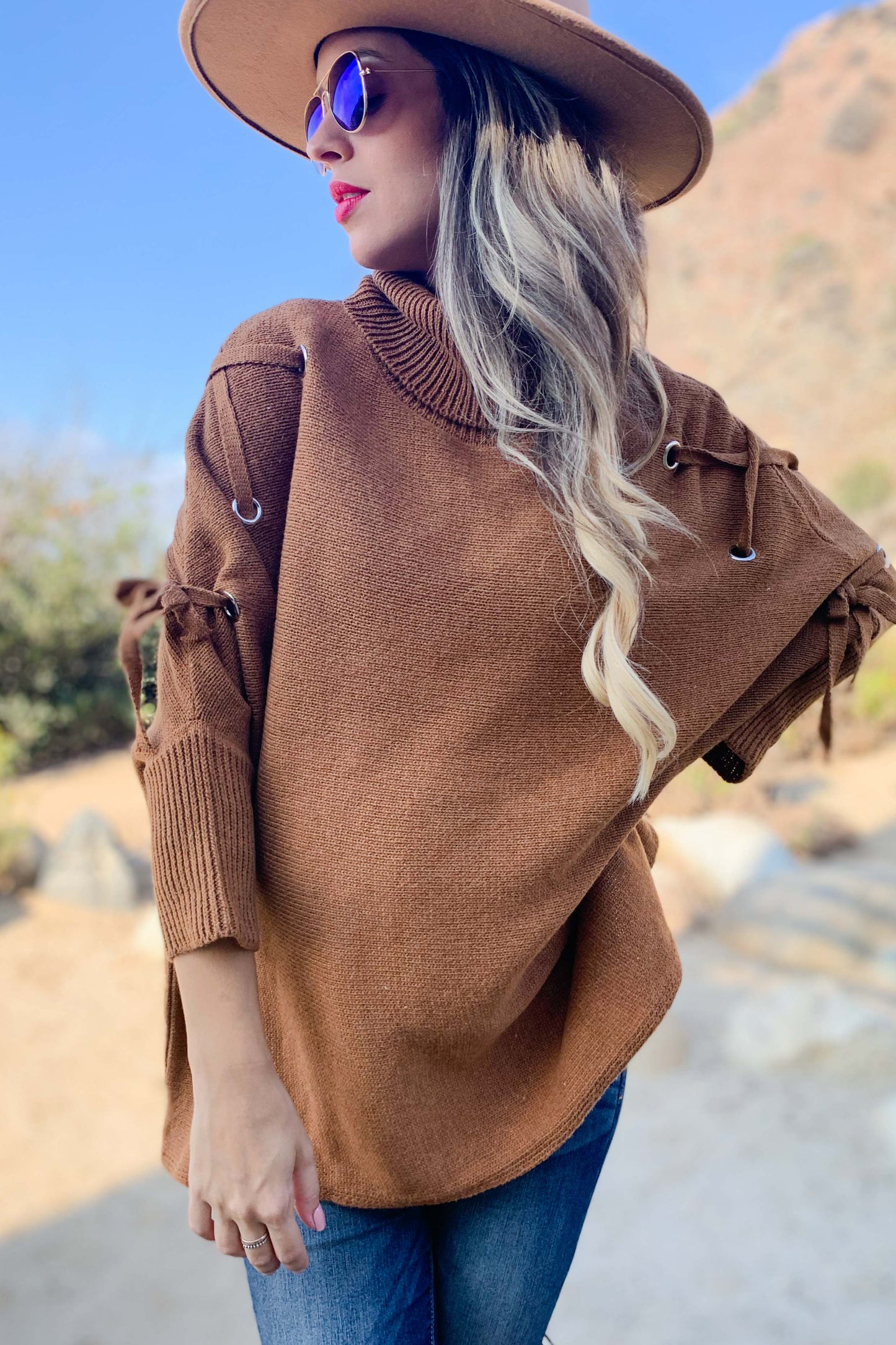 Cognac Lace Up Turtleneck Dolman Sleeve Knitted Top: Free / Cognac