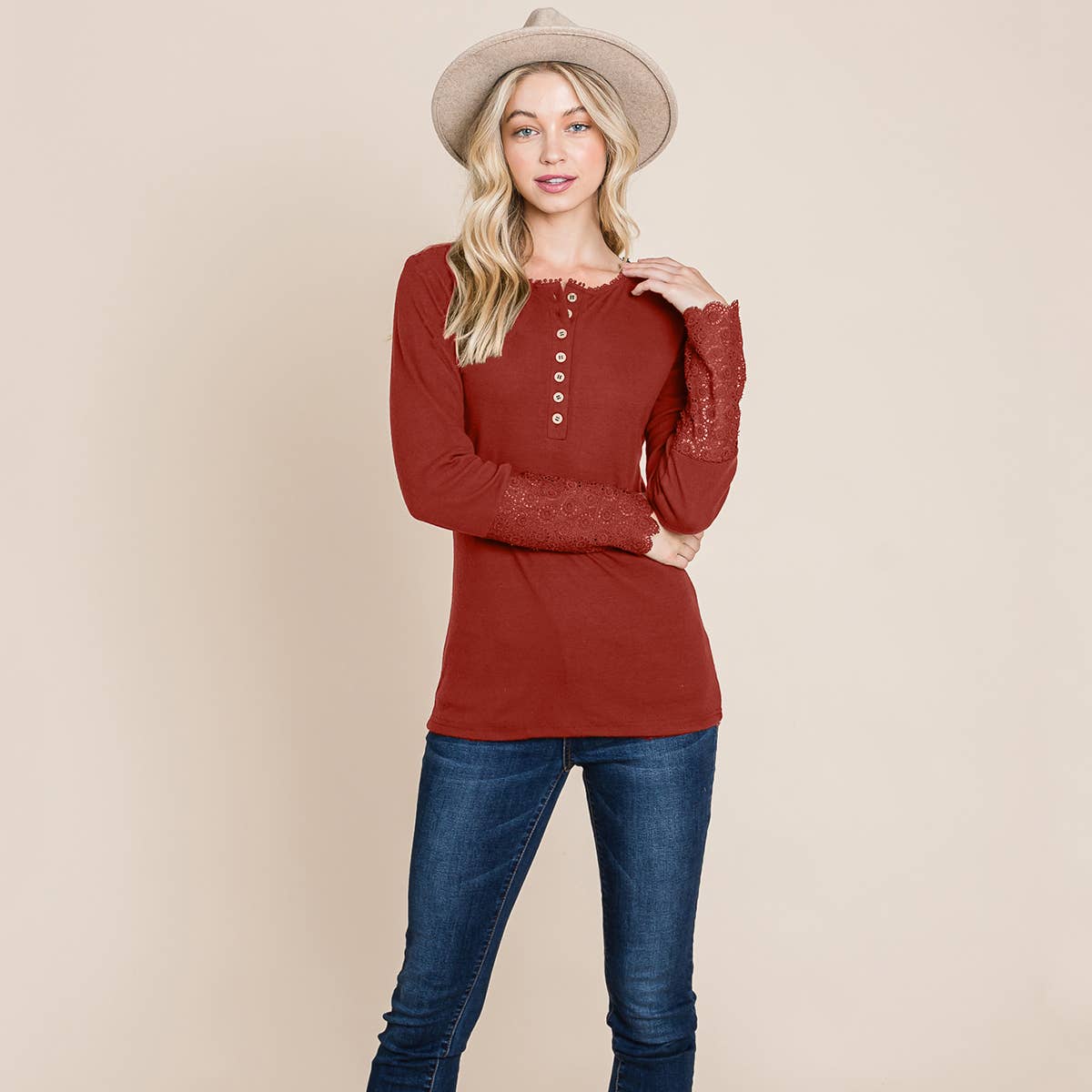 Scalloped Henley Neck Button Placket Lace Crochet Sleeve top: Rust
