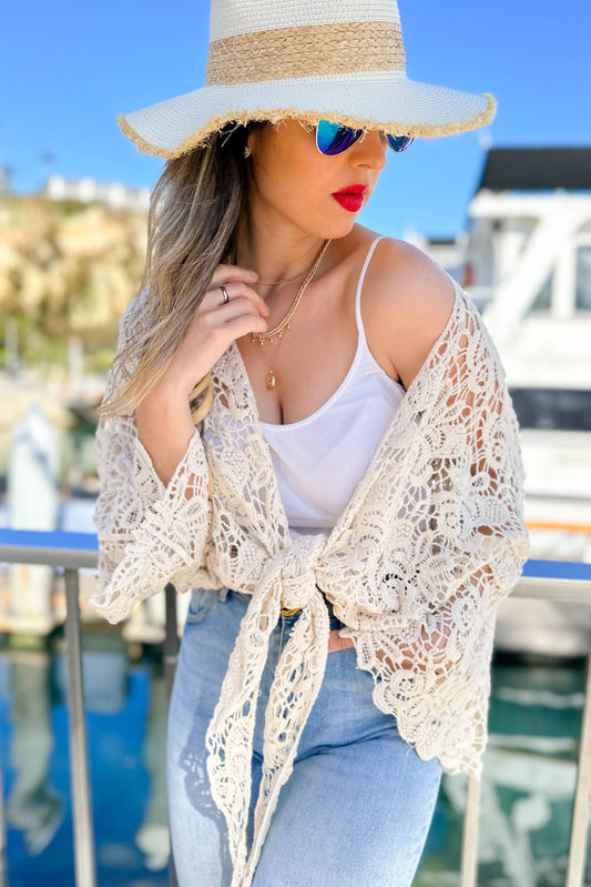 Ivory Floral Crochet Bell Sleeve Open Front Cardigan CoverUp: Free / Ivory