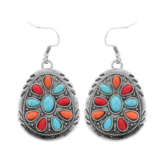 Semi Stone Embellished Concho Hook Dangle Earrings