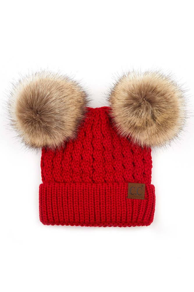 C.C Double Pom Pom All Over Cable Knit Beanie: Red