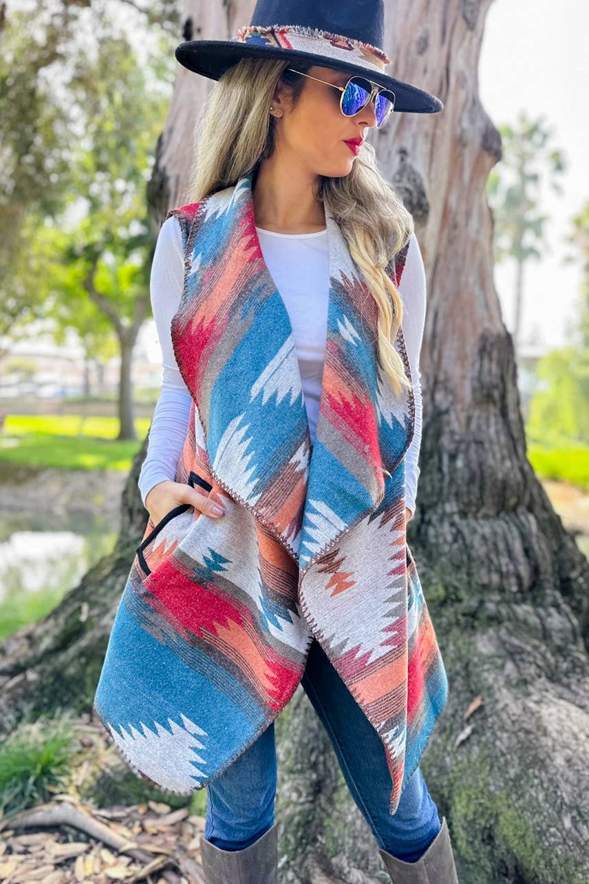 Teal Multi Aztec Printed Stitch Detail Vest With Pocket